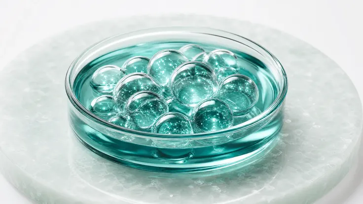 Vesículas de vidrio translúcidas agrupadas en un plato bajo de cristal